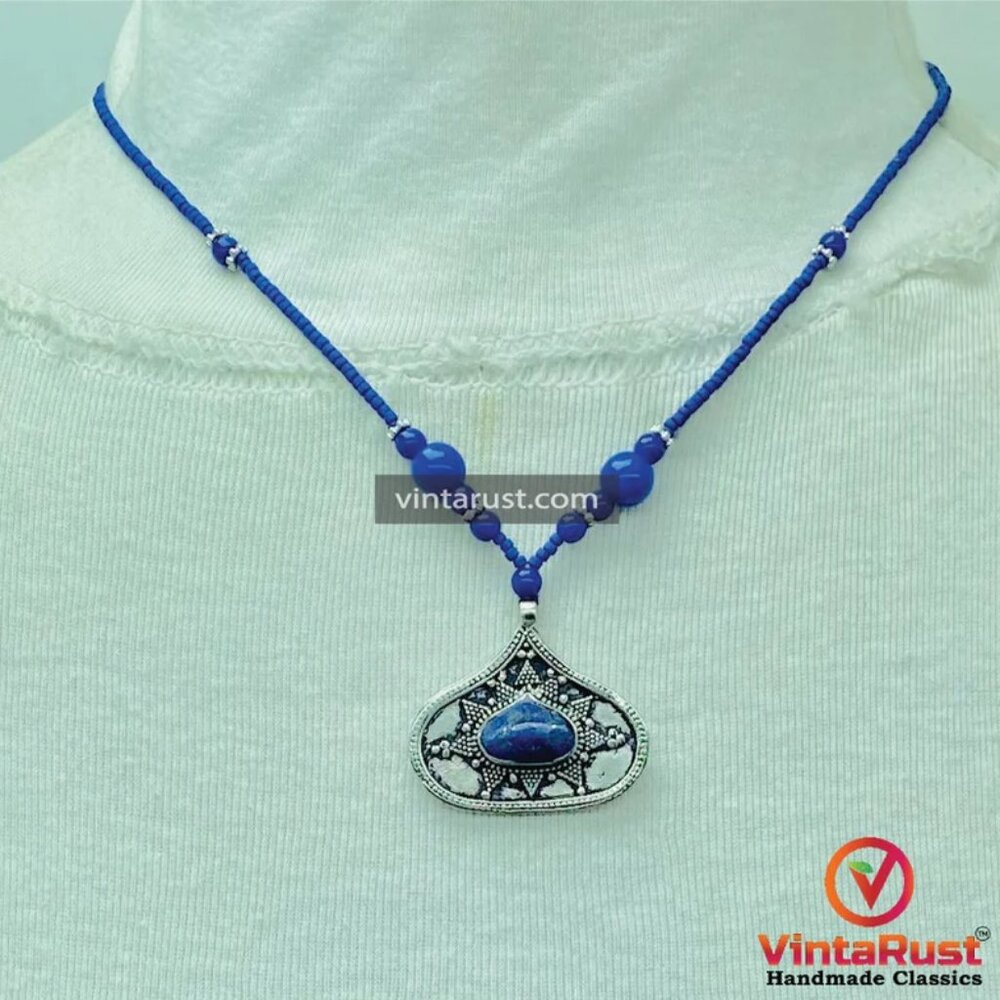 Handmade Minimalist Lapis Necklace, Beaded Chain Necklace, Handcrafted Gemstone